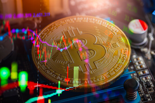Modern way of exchange. Bitcoin is convenient payment in global economy market. Virtual digital currency and financial investment trade concept. Abstract cryptocurrency with gold bitcoin background.
