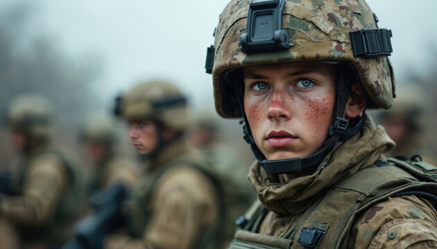 Young soldier wearing helmet and gear stands with blurred troops behind. Serious blue eyes look ahead, face smudged with dirt. Ready for duty in tactical uniform with camouflage pattern, face focused.