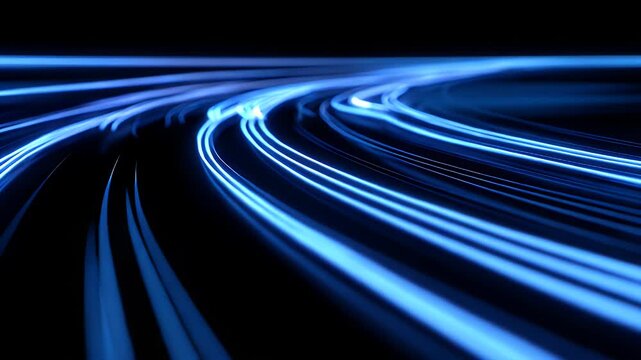 Abstract digital connection lines flowing with blue neon glow representing high speed internet data transfer and fiber optic communication technology motion in seamless loop dark background.