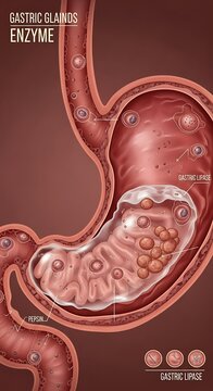 Detailed Illustration of the Human Stomach and Gastric Glands.
