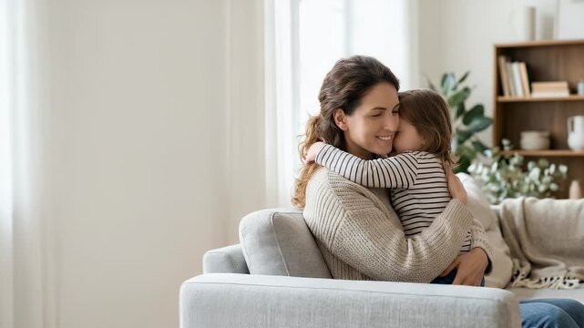 A heartwarming moment of a mother and child embracing on a cozy sofa, captured with a gentle slow pan, showcasing intimate family love in a bright, modern living room with soft ambient light.