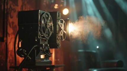 Fototapeta premium An old-fashioned film projector, with smoke and a beam of light against a dark background, creates an atmospheric backdrop for film and retro projects