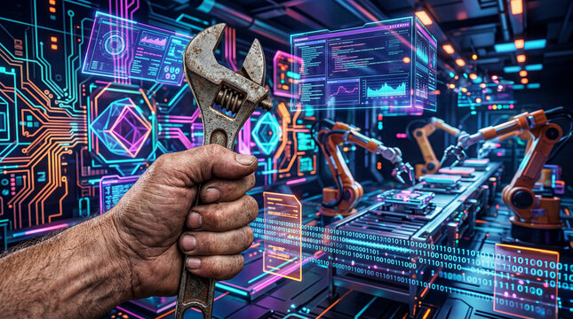 Holding a wrench in a technology lab with robotic arms and data screens during a work session