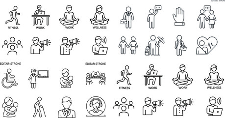 Naklejka premium Wellness, Fitness, and Work Icon Set with Health, Productivity, Office, and Work-Life Balance Symbols for Professional and Personal Designs