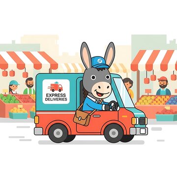 A cartoon donkey wearing a cap and uniform, driving a delivery truck through a market. People and stalls are in background