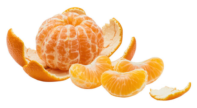 Fresh peeled mandarin orange fruit segments with skin on a white background, studio food isolated on a transparent background