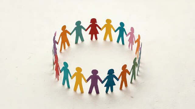 Create a dynamic, cinematic video of colorful paper figures in a circle, gently swaying as the camera slowly pans around them, symbolizing unity and diversity in a harmonious scene.