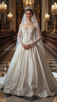 A smiling bride in an elegant, long-sleeved wedding gown with a tiara and veil stands in a grand, candlelit hall with ornate decor and marble flooring.