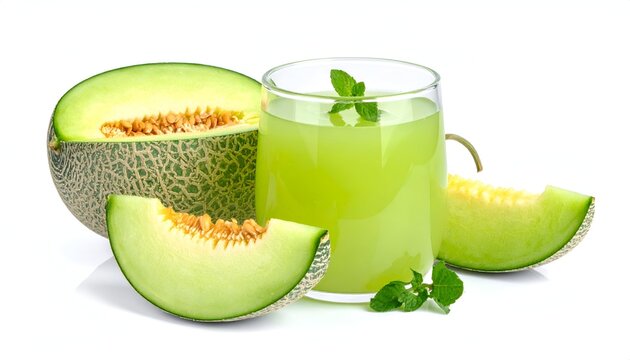 A vibrant image showcasing a refreshing melon juice in a glass, alongside melon slices and a half melon. Garnished with mint