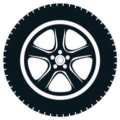 Obraz premium Stylized black car wheel with five spokes and tire tread pattern vector illustration