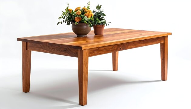 A wooden table, showcasing visible wood grain, holds two potted plants with bright orange flowers, all against a bright white background