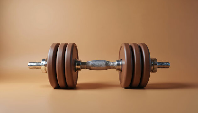 Adjustable dumbbell rests on plain background. Heavy iron gym equipment for strength training. Silver grip and brown weights. Workout accessory.
