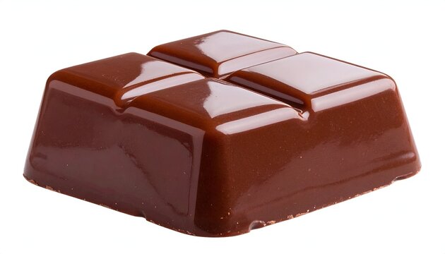 Close-up of a perfectly formed square chocolate piece, split into four squares. The surface is glossy and rich brown