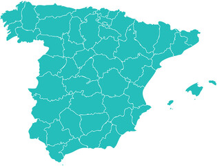 Fototapeta premium Teal Silhouette Map of Spain with Provincial Administrative Borders and Balearic Islands