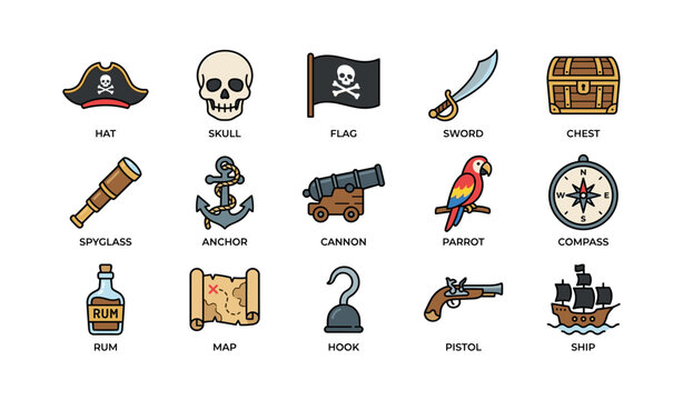 Colorful pirate icons: hat, skull, flag, sword, and treasure chest