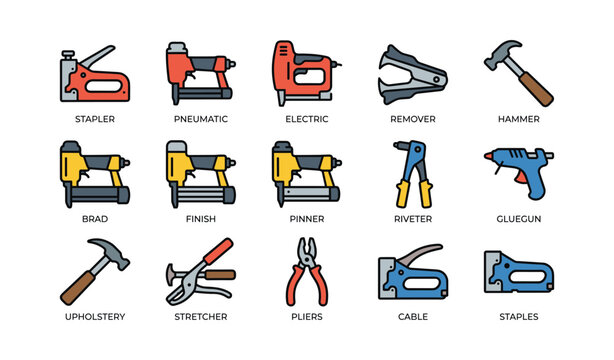 Tool icons collection: stapler, pneumatic, electric, remover, hammer, brad, finish, pinner, riveter, gluegun