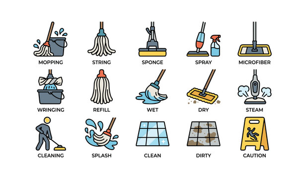 Cleaning icons set: mopping, spraying, vacuuming, caution signs, spill cleanup tools