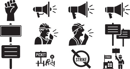 Fototapeta premium Strike protest and workers rights vector icons set. megaphone, raised fist, picket sign, and demonstration symbols