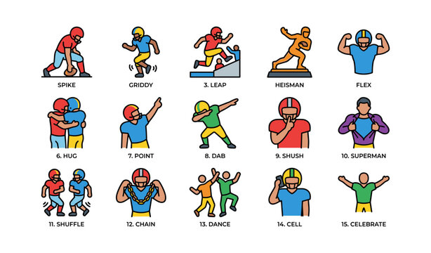 Illustrated football celebration moves including dab and flex with diverse male figures
