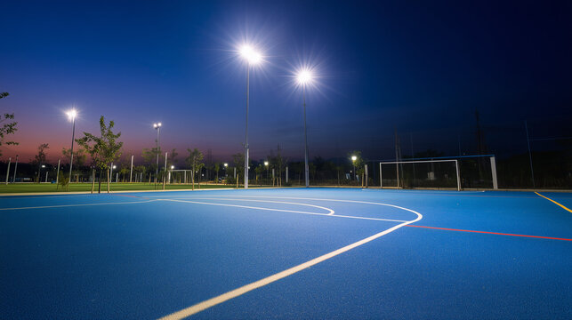 Floodlit Soccer Field at Dusk: Empty Stadium with Dramatic Shadows in Cool Blue and Warm Spotlight Contrast