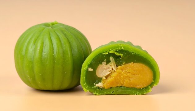 Close-up studio shot featuring a pair of vibrant green sweets, one halved to reveal a yolk-like center. Beige backdrop