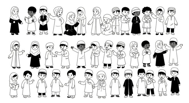 Group of children in traditional attire, black and white illustration.