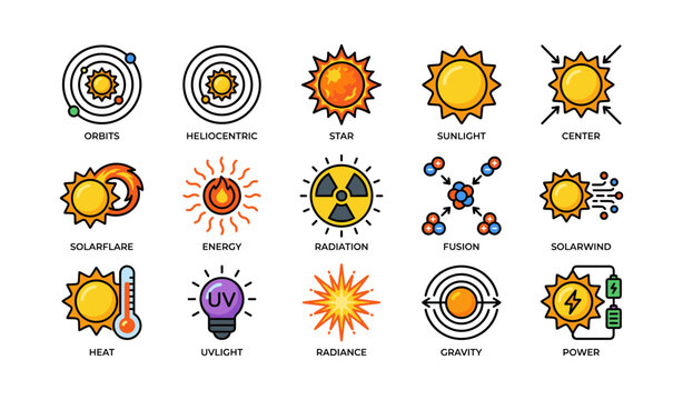 Set of solar system and energy icons featuring sun, orbits, and power symbols