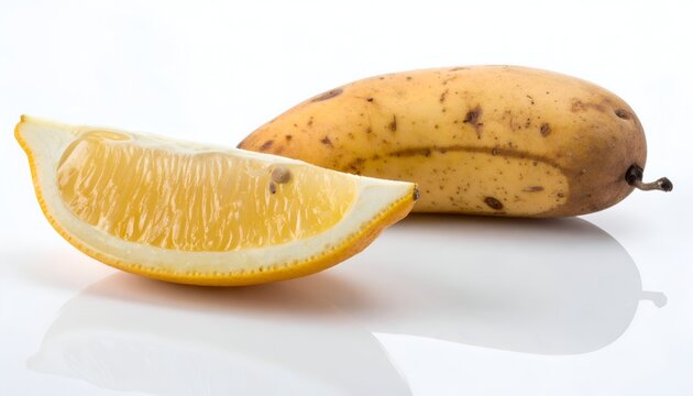 Close-up studio shot on white background of a ripe fruit with a slice cut off showing details of the juicy flesh