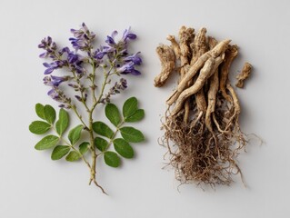 Licorice root with dried roots, green leaves, and purple flowers isolated on a white background, showcasing pharmaceutical minimalism and sharp focus for botanical studies