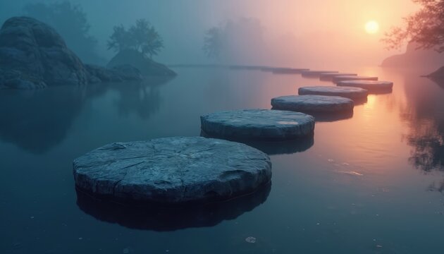 Round stones create path across calm water surface. Misty morning light or sunset over tranquil lake. Serene natural landscape background. Peaceful water.