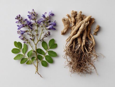 Licorice root with dried roots, green leaves, and purple flowers isolated on a white background, showcasing pharmaceutical minimalism and sharp focus for botanical studies