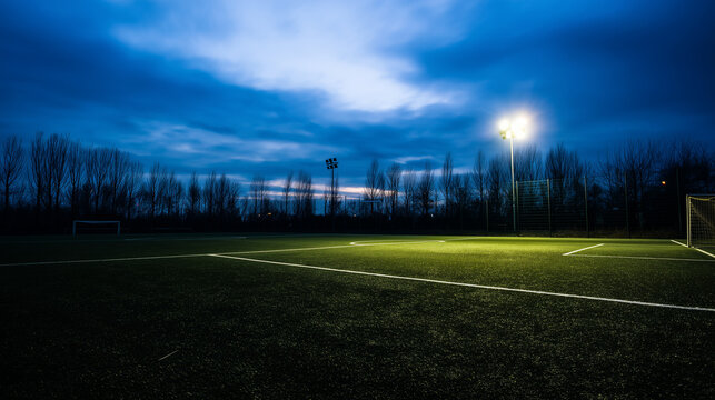 Floodlit Soccer Field at Dusk: Empty Stadium with Dramatic Shadows in Cool Blue and Warm Spotlight Contrast