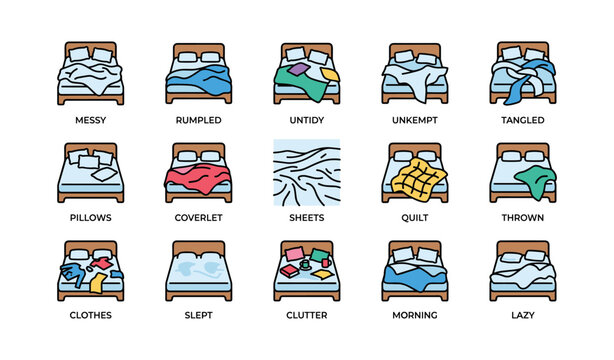 Variety of unmade beds illustrating messy and organized styles