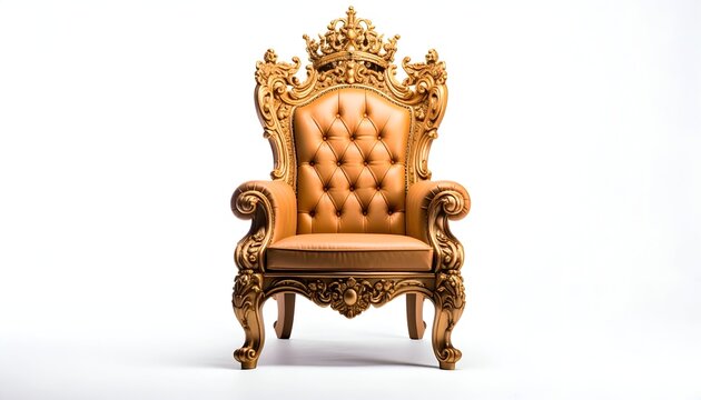 Ornate, gilded chair with leather seat and back, a decorative crown atop the backrest, placed on a white backdrop