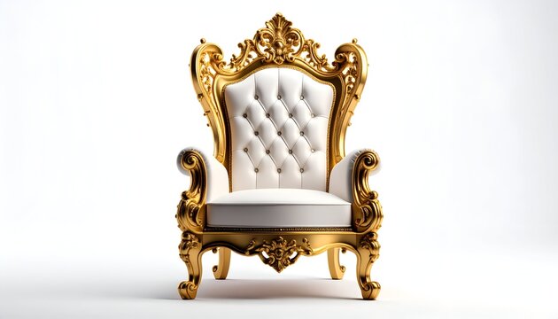Ornate golden armchair featuring elaborate carvings and white, button-tufted upholstery against a clean white backdrop