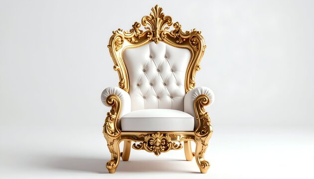 Ornate golden throne with white upholstery, set against a pristine white background. Elegant design embodies luxury