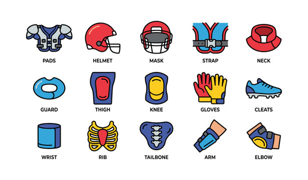 Football equipment icons set including helmet, pads, gloves, cleats, and protective gear