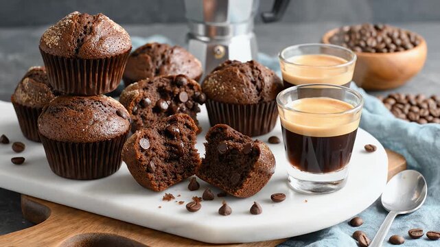 Delicious chocolate muffins with coffee and coffee beans on a white board.