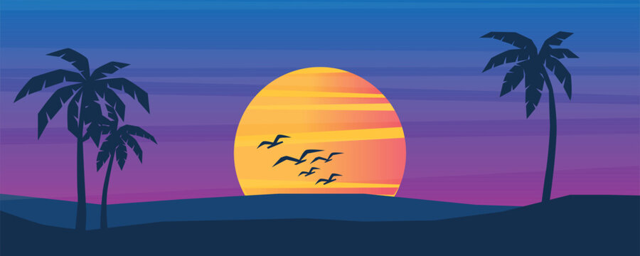 Minimalist flat vector tropical sunset illustration with large glowing orange yellow sun, dark palm tree silhouettes, flock of birds, purple blue gradient sky, serene beach landscape background