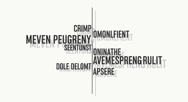 Minimalist typographic vector composition, abstract black text layout on white background, modern graphic design with vertical line element