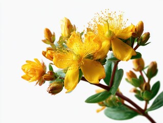 Fototapeta premium St. John's wort flowering tops with vibrant yellow flowers and small green leaves isolated on a seamless white background, ideal for pharmaceutical or herbal product presentations