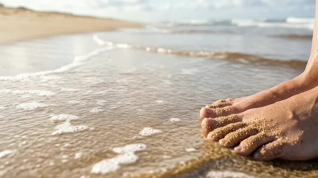 A serene beach scene captures gentle waves lapping at sun-kissed feet, with a slow tracking shot that evokes relaxation and tranquility, ideal for wellness and travel themes in a cinematic style.