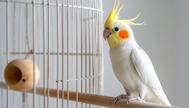 Cockatiel bird perched inside cage