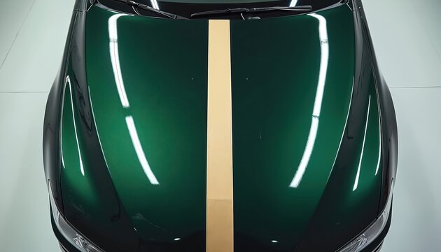 Green car hood with golden stripe shows perfect polish and shine. Shiny surface after paint correction in auto workshop. Vehicle restoration for luxury look.