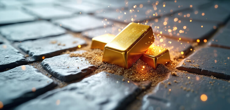 Gold bars gleam on textured ground with dust and sparks flying. Shiny metal objects arranged on dark slate surface. Represents value wealth and impact visually.