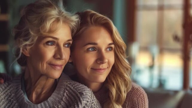Two women from different generations look in the same direction with warm smiles &mdash; a heartfelt backdrop for family values, continuity or emotional stories.
