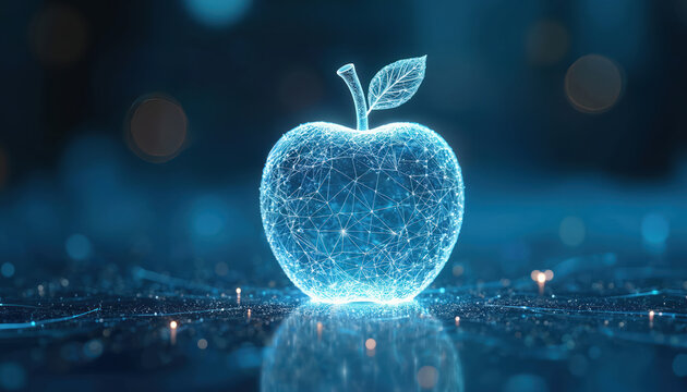 Glowing digital apple with wireframe structure on dark blue background. Geometric network shape represents tech innovation and artificial intelligence. Futuristic concept art.