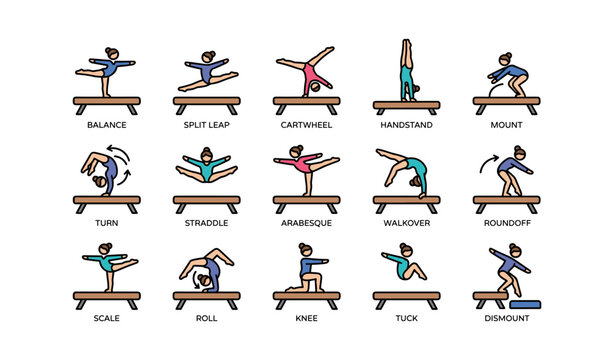 Female gymnasts performing various artistic balance beam moves in sequence