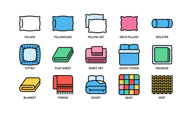 Colorful bed linen collection: pillows, sheets, duvets, and quilts