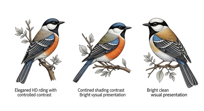 Birds sitting on a tree branch with different rendering styles